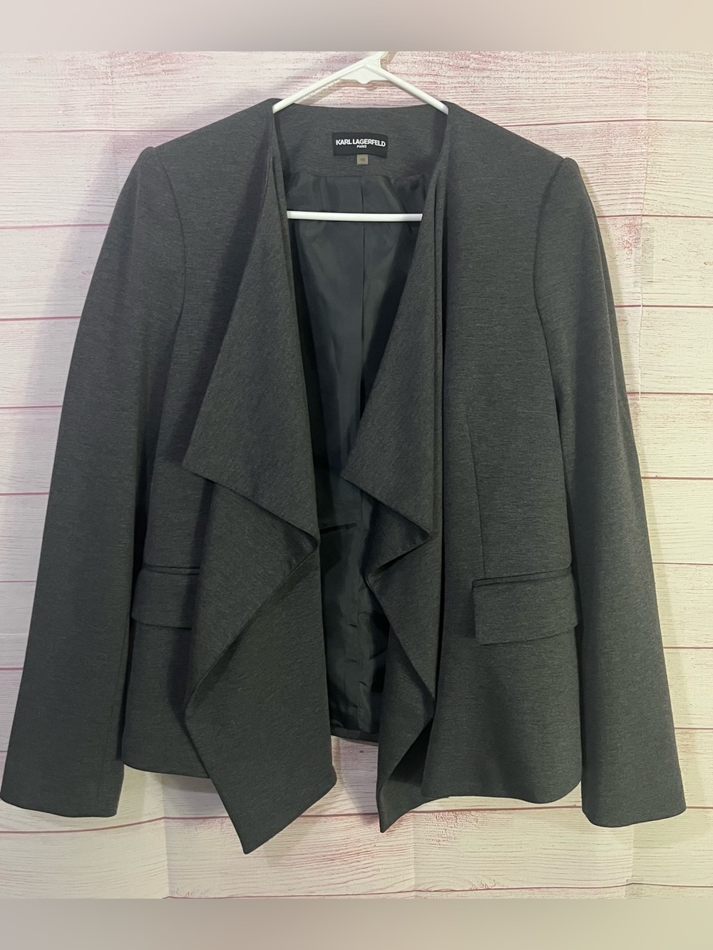 Karl Lagerfeld Gray Open Front Draped Jacket Size 10